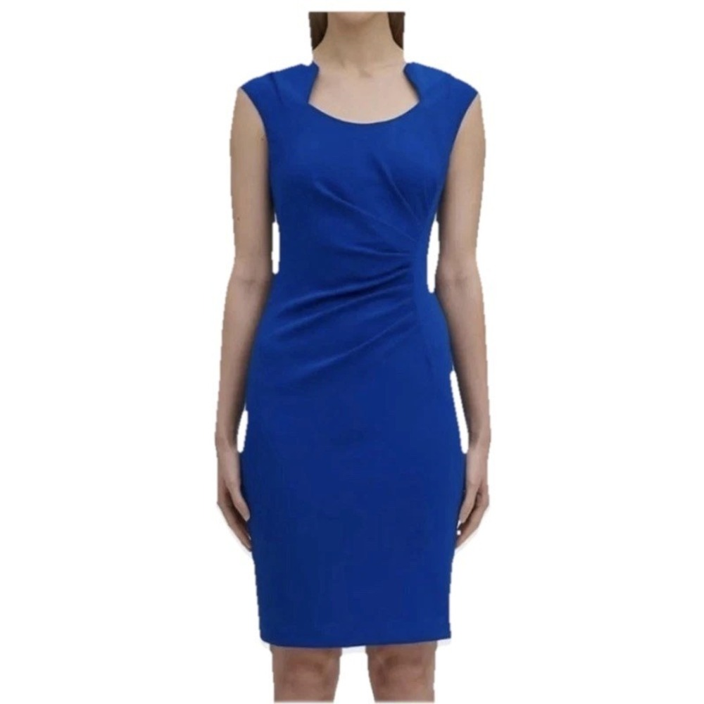 Calvin Klein Blue Side Ruched Horseshoe Neck Sleeveless Sheath Dress Size 4